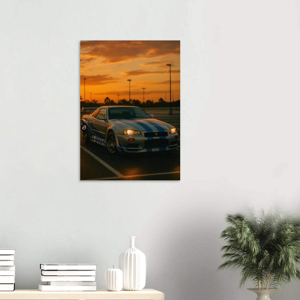 Iconic Skyline GTR Sportbil Konstaffisch – Fånga Fartens Själ i Solnedgången