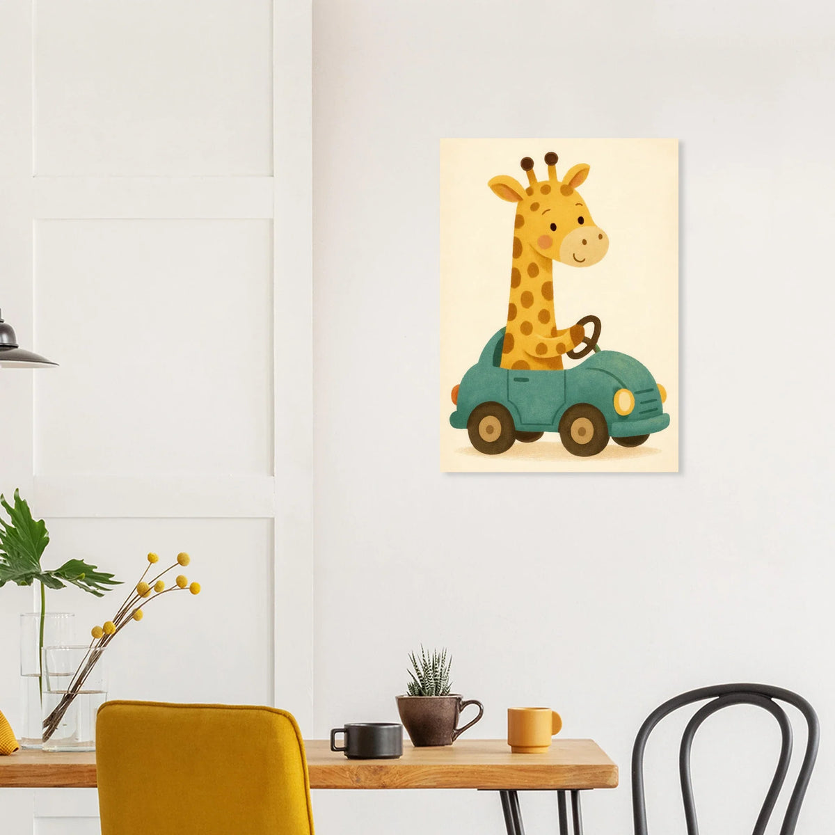 Söt Giraff i Bil – Lekfull Barnrumstavla