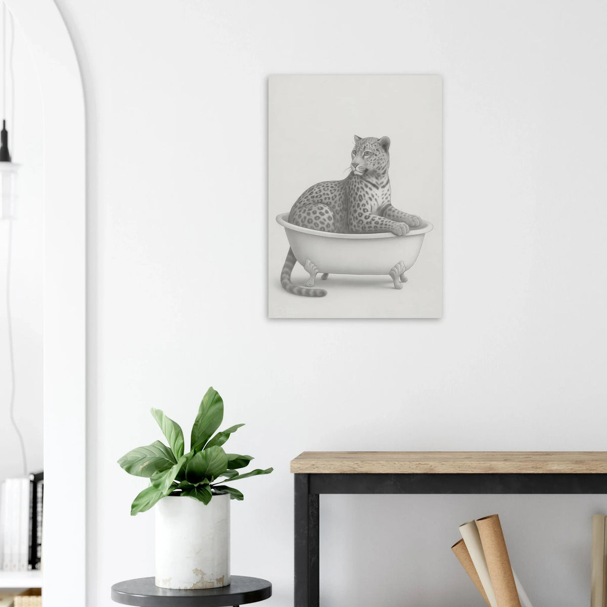 Sophisticated Leopard in Bathtub Art Print – Elegant Monochromatic Wall Decor in Various Sizes