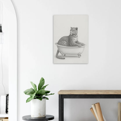 Sophisticated Leopard in Bathtub Art Print – Elegant Monochromatic Wall Decor in Various Sizes