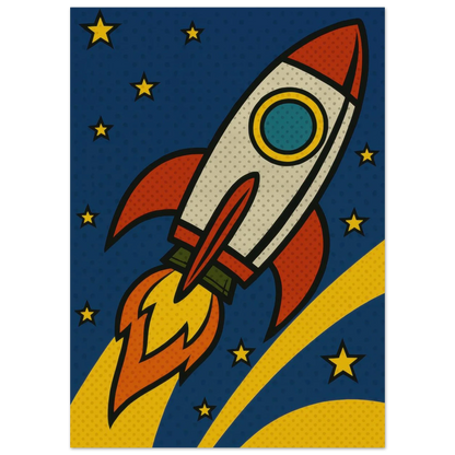 Retro Pop Art Rocket Launch Poster – Cosmic Adventure Print for Kids & Adults in Multiple Sizes