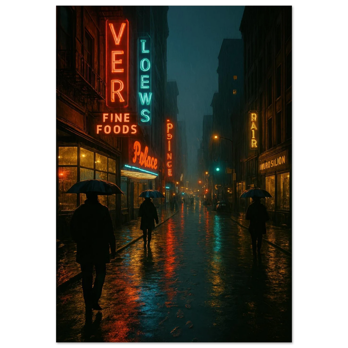 Neon Nights Rainwalk Poster - Urban Noir Cityscape Art Print in Various Sizes
