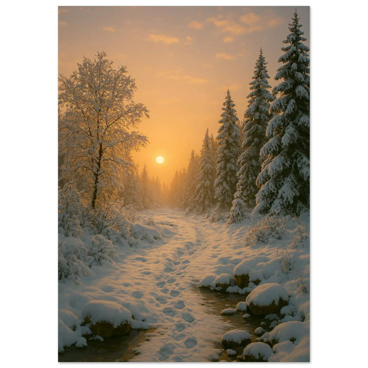 Winter Sunset Wonderland Poster - Golden Hour Forest Landscape Art Print in Various Sizes