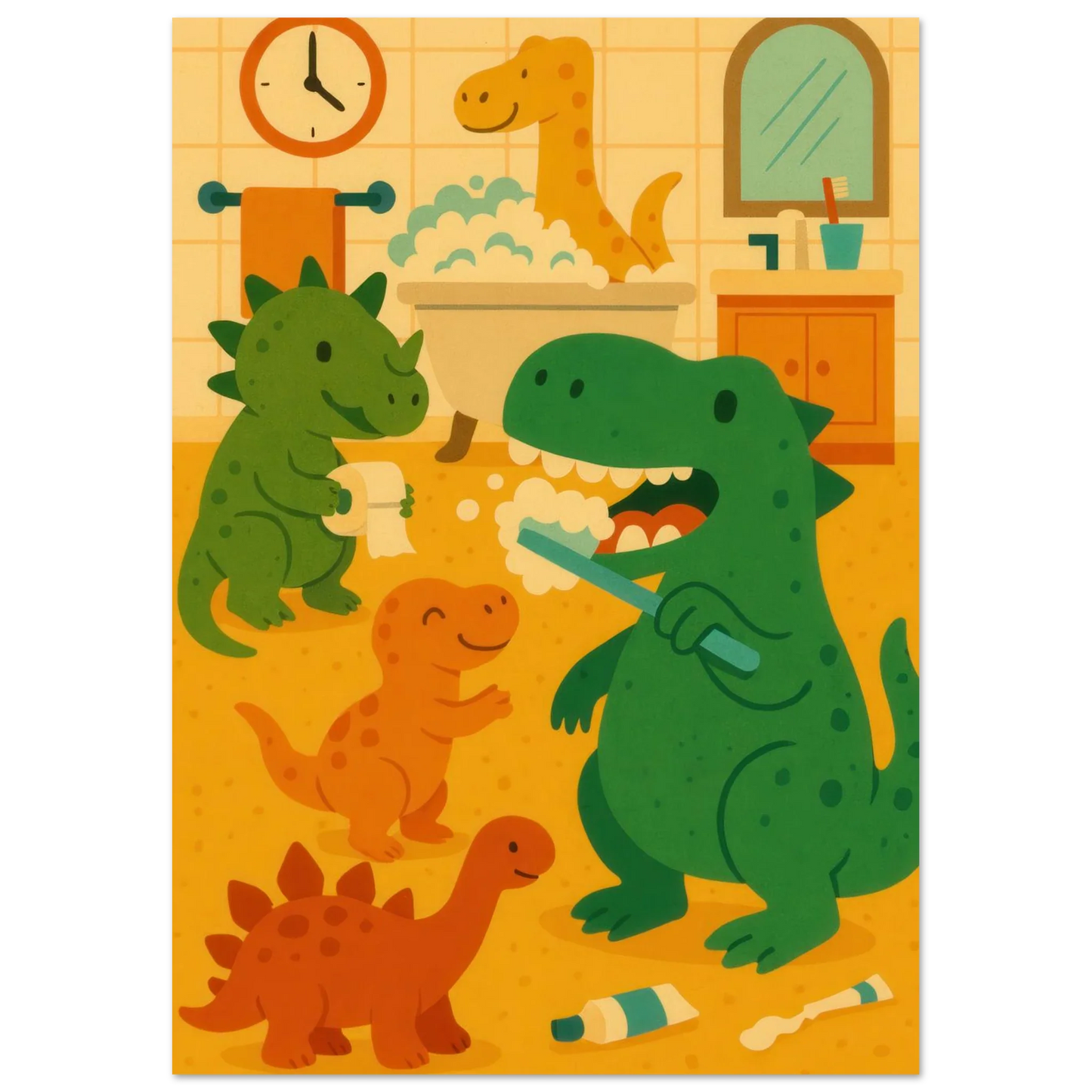 Lekfull Dino Badrum Konsttryck – Låt Fantasin Flöda med Söta Dinosaurier, Tillgänglig i Flera Storlekar
