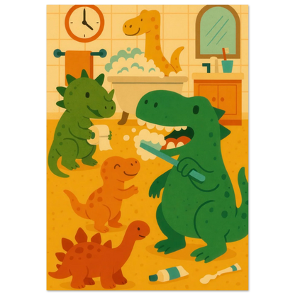 Lekfull Dino Badrum Konsttryck – Låt Fantasin Flöda med Söta Dinosaurier, Tillgänglig i Flera Storlekar