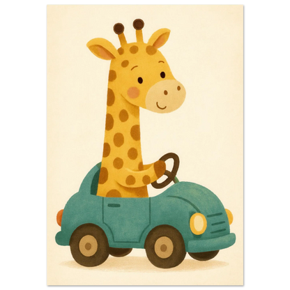 Söt Giraff i Bil – Lekfull Barnrumstavla
