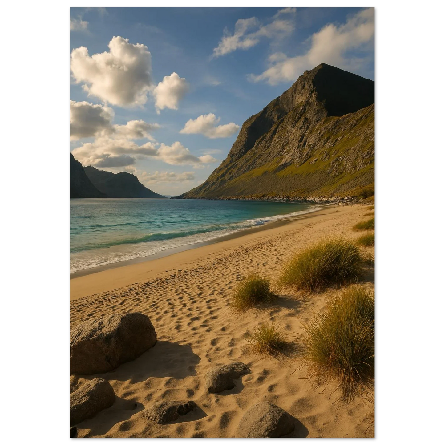 Serene Mountain Beach Horizon Poster – Coastal Beauty Print with Azure Waters & Golden Sand
