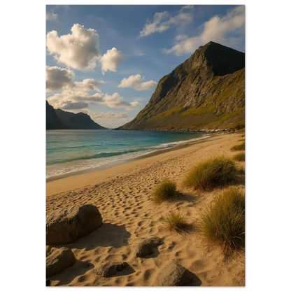 Serene Mountain Beach Horizon Poster – Coastal Beauty Print with Azure Waters & Golden Sand
