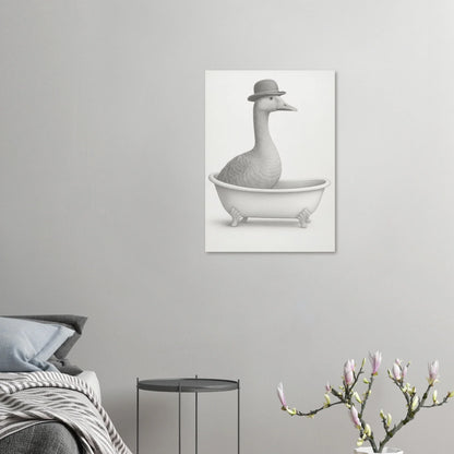 Humorous Bowler Hat Duck in Bathtub Art Print – Whimsical, Unique Home Decor