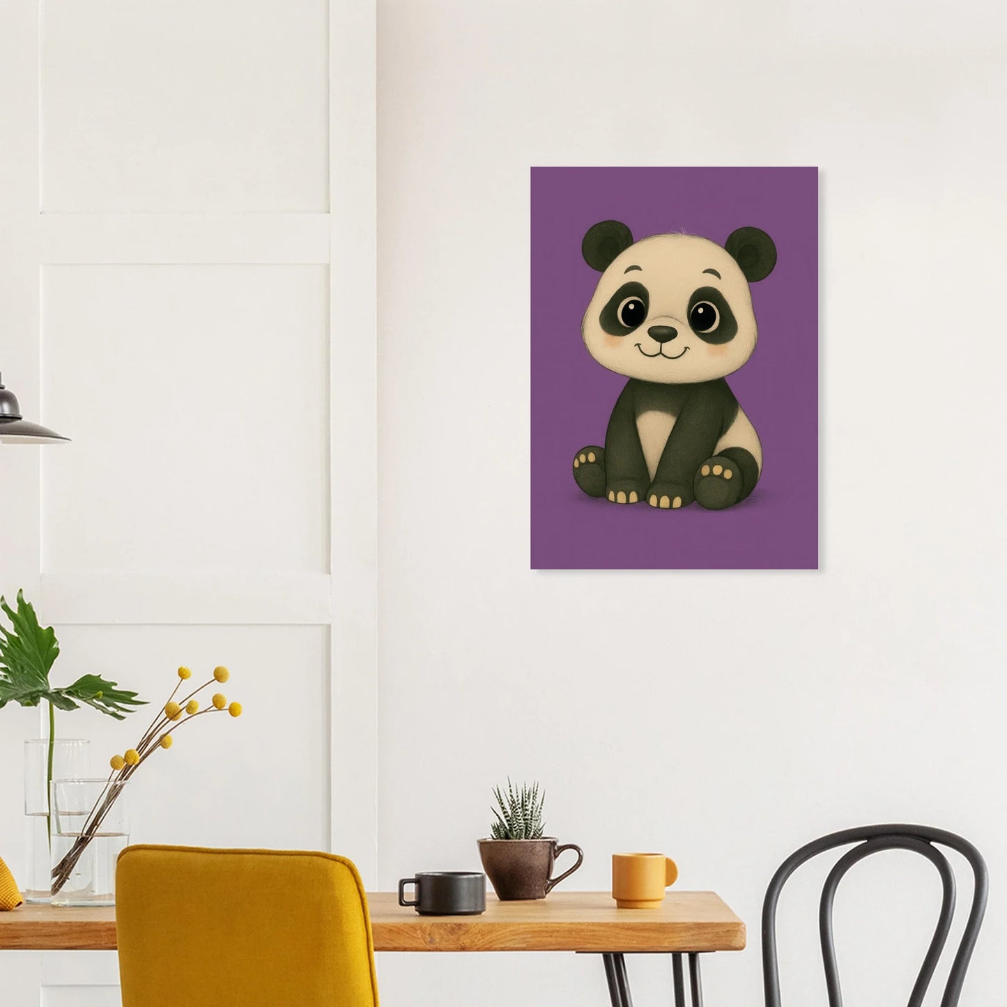 Söt Panda Konstaffisch: Lekfullt Djurporträtt på Lila Bakgrund – Perfekt för Barnrummet eller Gåva