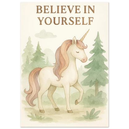 Magical Unicorn 'Believe in Yourself' Art Print – Whimsical Nursery & Kids Room Decor