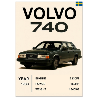 Volvo 740 Vintage Bilkonsttryck – Klassisk Skandinavisk Design Poster