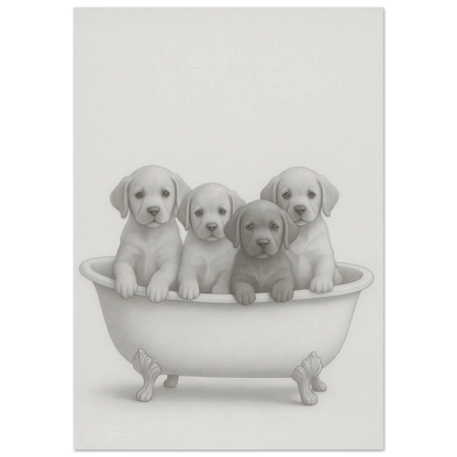 Charming Puppy Bath Time Art Print – Adorable Labradors in a Tub Poster
