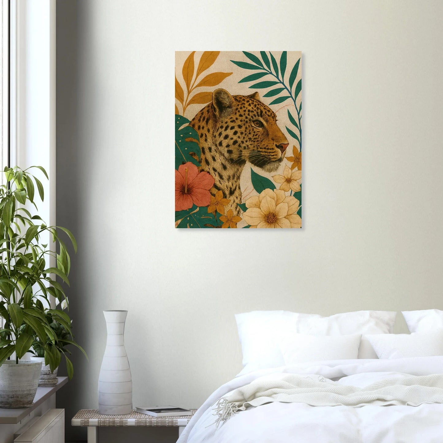 Djur: Exotisk Leopard-konsttryck i varma toner och botaniska inslag – Välj din storlek