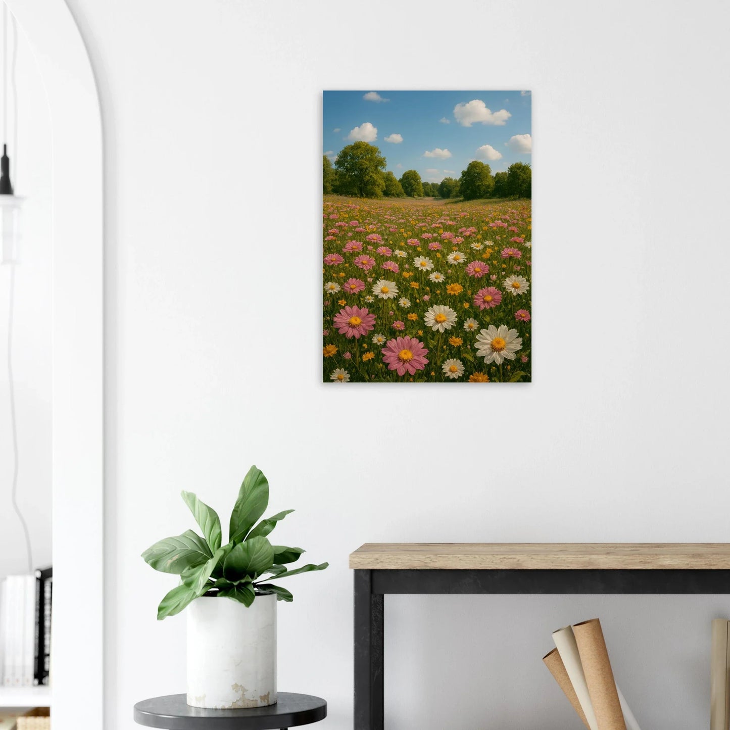 Vibrant Summer Meadow Poster – Pink & White Daisies in Bloom, Multiple Sizes Available