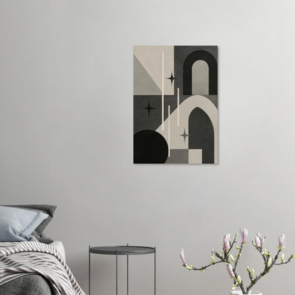 Minimalist Cosmic Abstraction Poster Print - Black, White & Grey Geometric Art