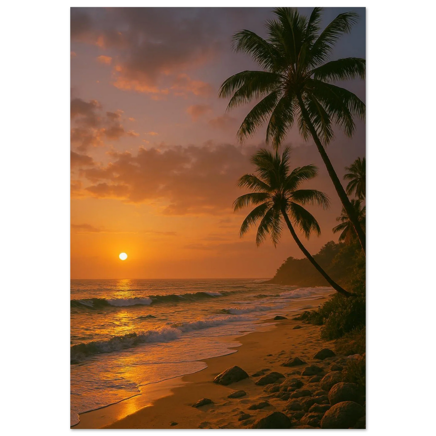 Golden Hour Tropical Sunset Poster - Vibrant Beach Art Print for Your Home