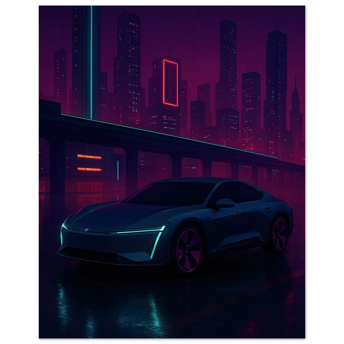 Neon Night Rider: Futuristisk Bilkonsttryck i cyberpunkstil
