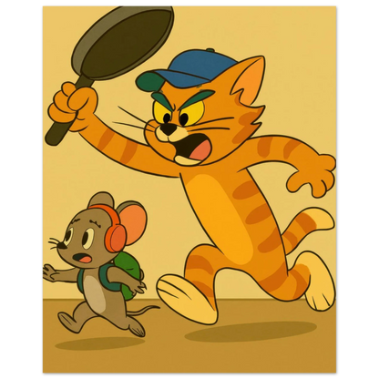 Katt Poster – Katt Jagar Mus med Stekpanna | Premium Halvblankt Papper