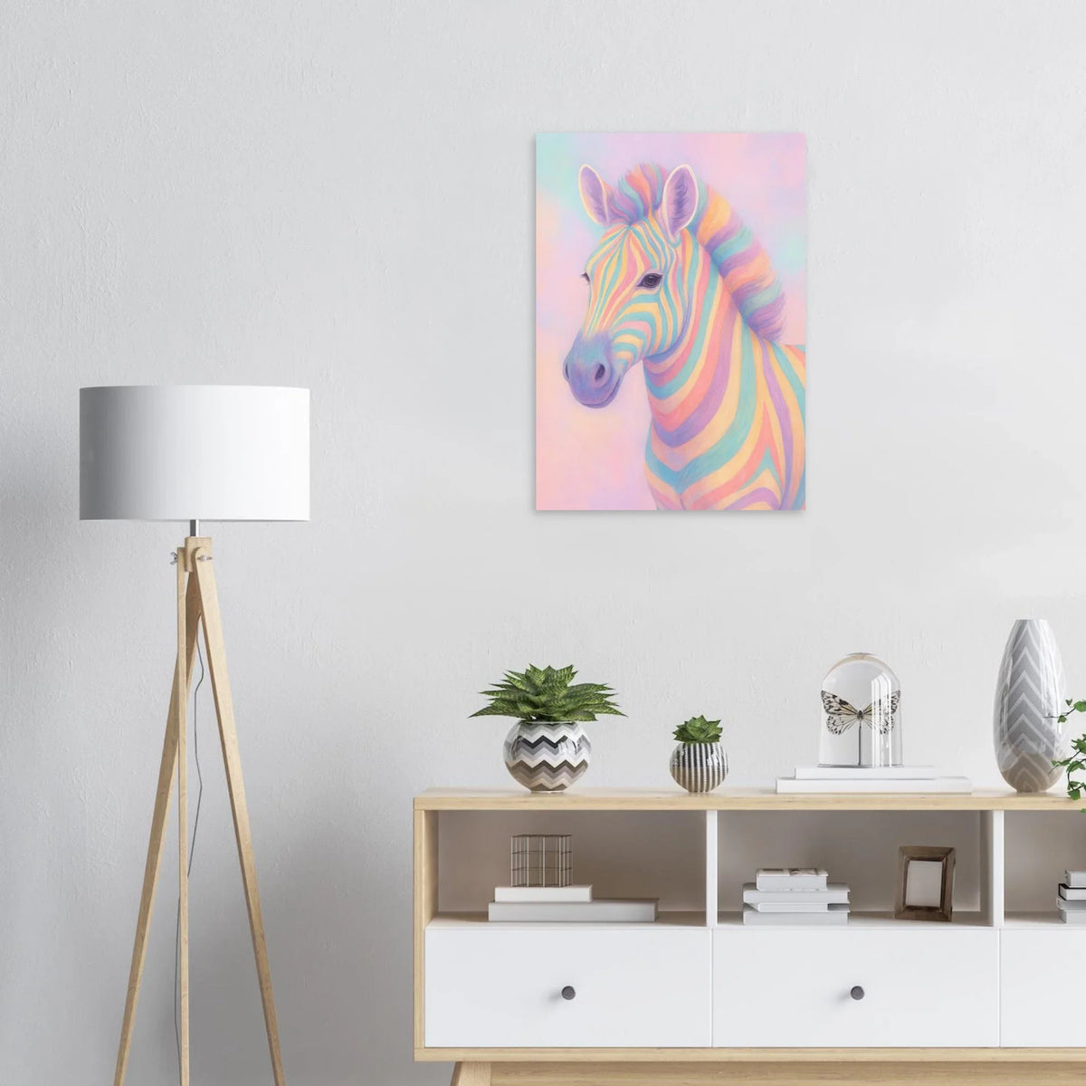 Pastell Zebra Djur Konsttryck – Färgstark och Drömsk Väggkonst i Olika Storlekar