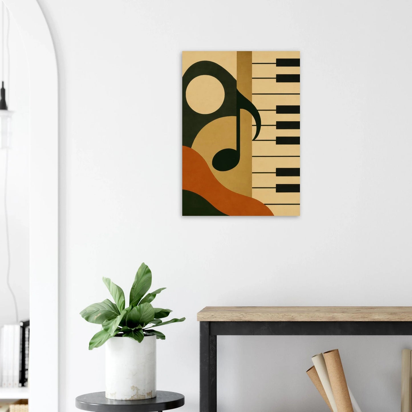 Retro Jazz Melodies Poster – Abstract Music Art Print with Piano Keys & Notes in Warm Earth Tones
