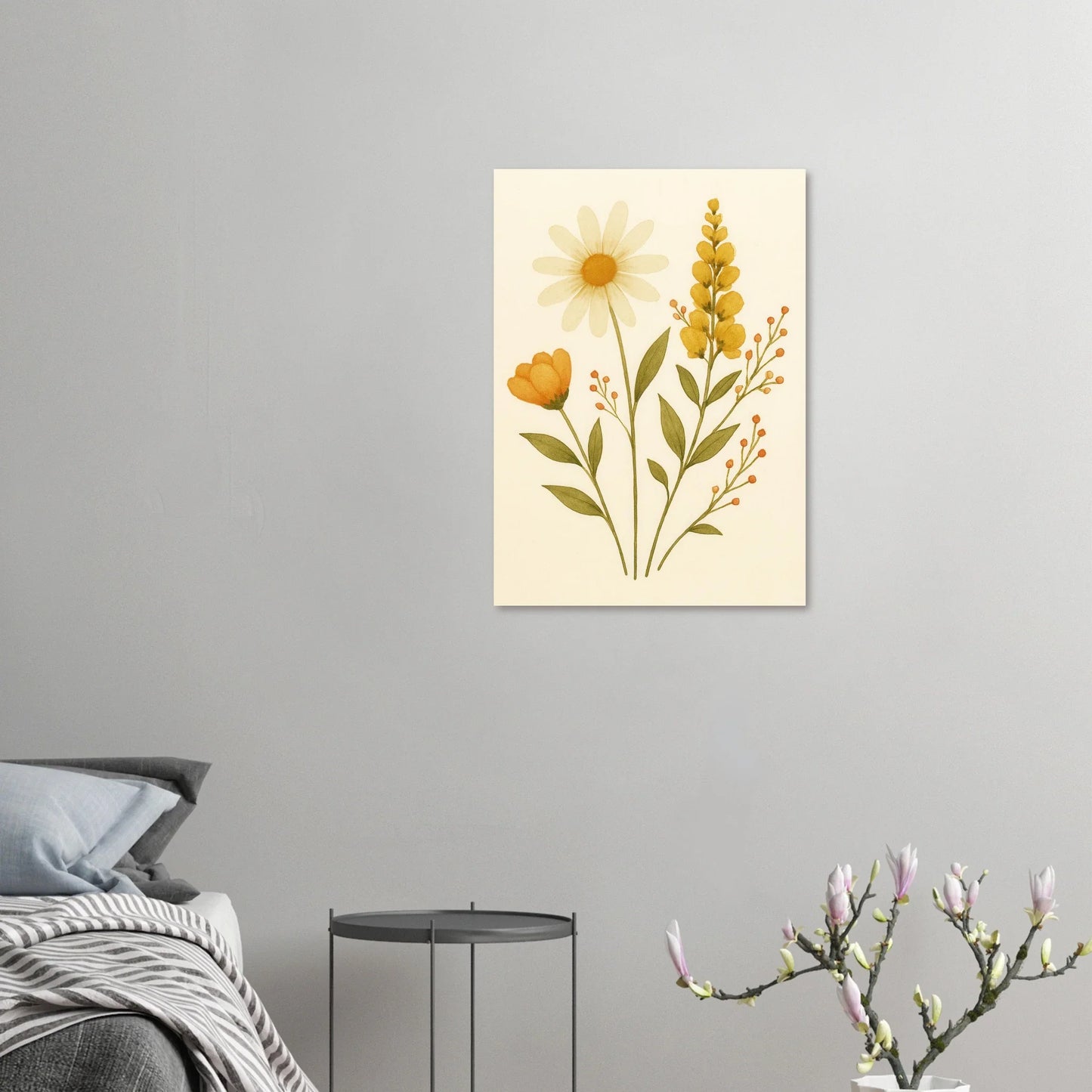 Vibrant Watercolor Wildflowers Print – Daisy, Berries & Botanical Art in Warm Hues
