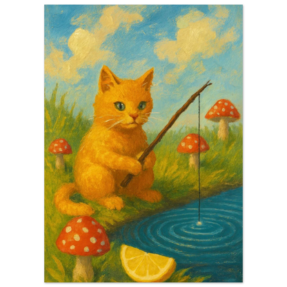 Kattfiske Poster – Elegant Konstverk med Katt som Fiskar i Damm