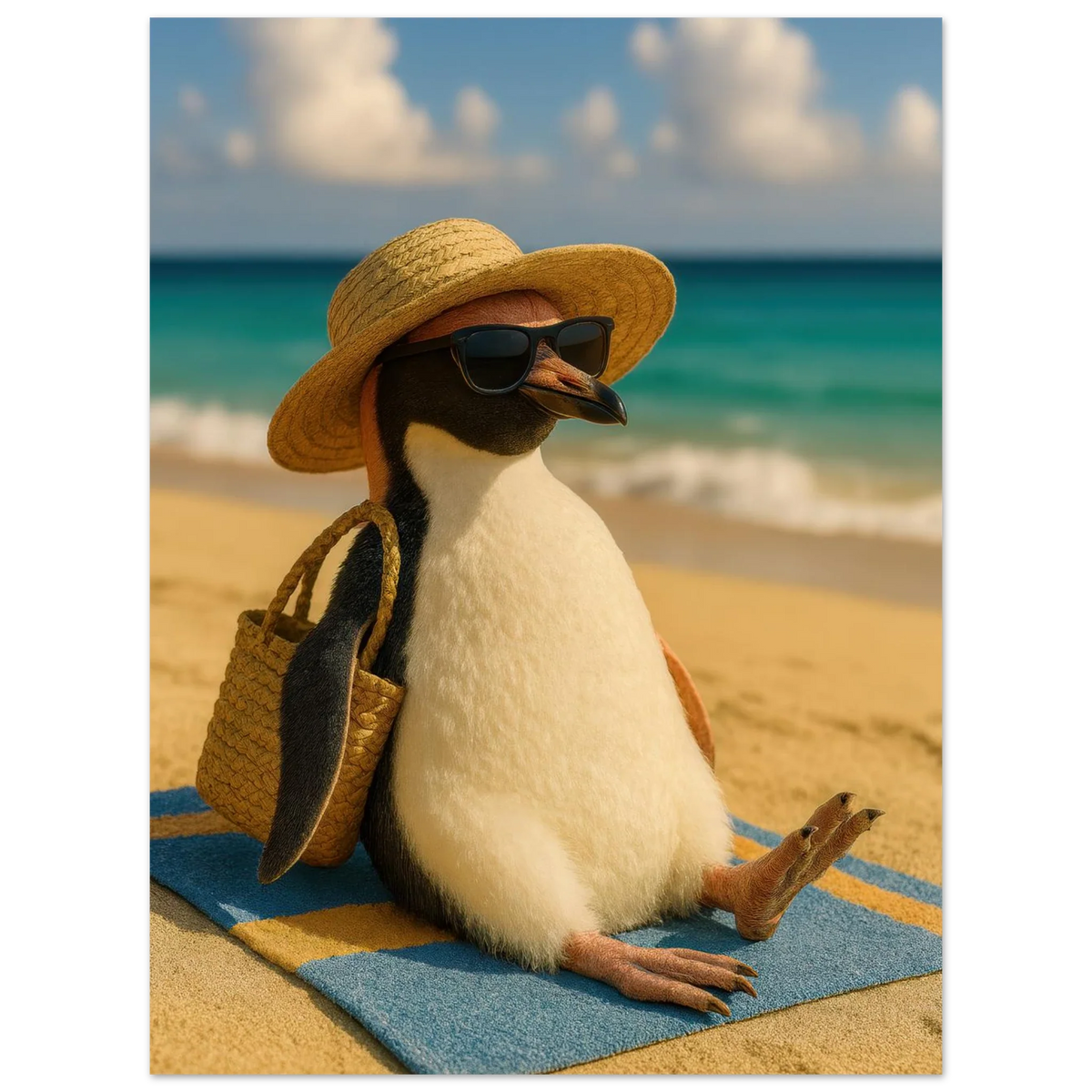 Djur: "Beach Bum Penguin" – Avkopplande Konsttryck för En Touch av Sommarglädje