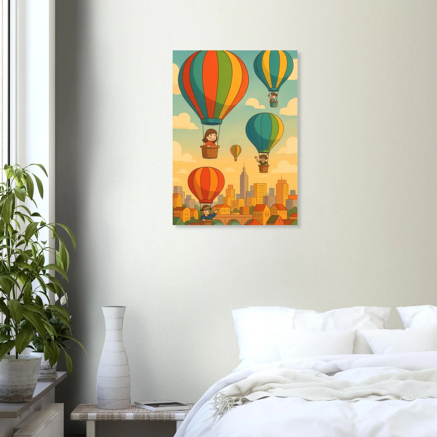 Barn: Whimsical Hot Air Balloon Cityscape Art Print – Elevate Your Space with Retro Charm