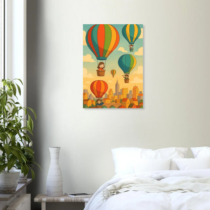 Barn: Whimsical Hot Air Balloon Cityscape Art Print – Elevate Your Space with Retro Charm