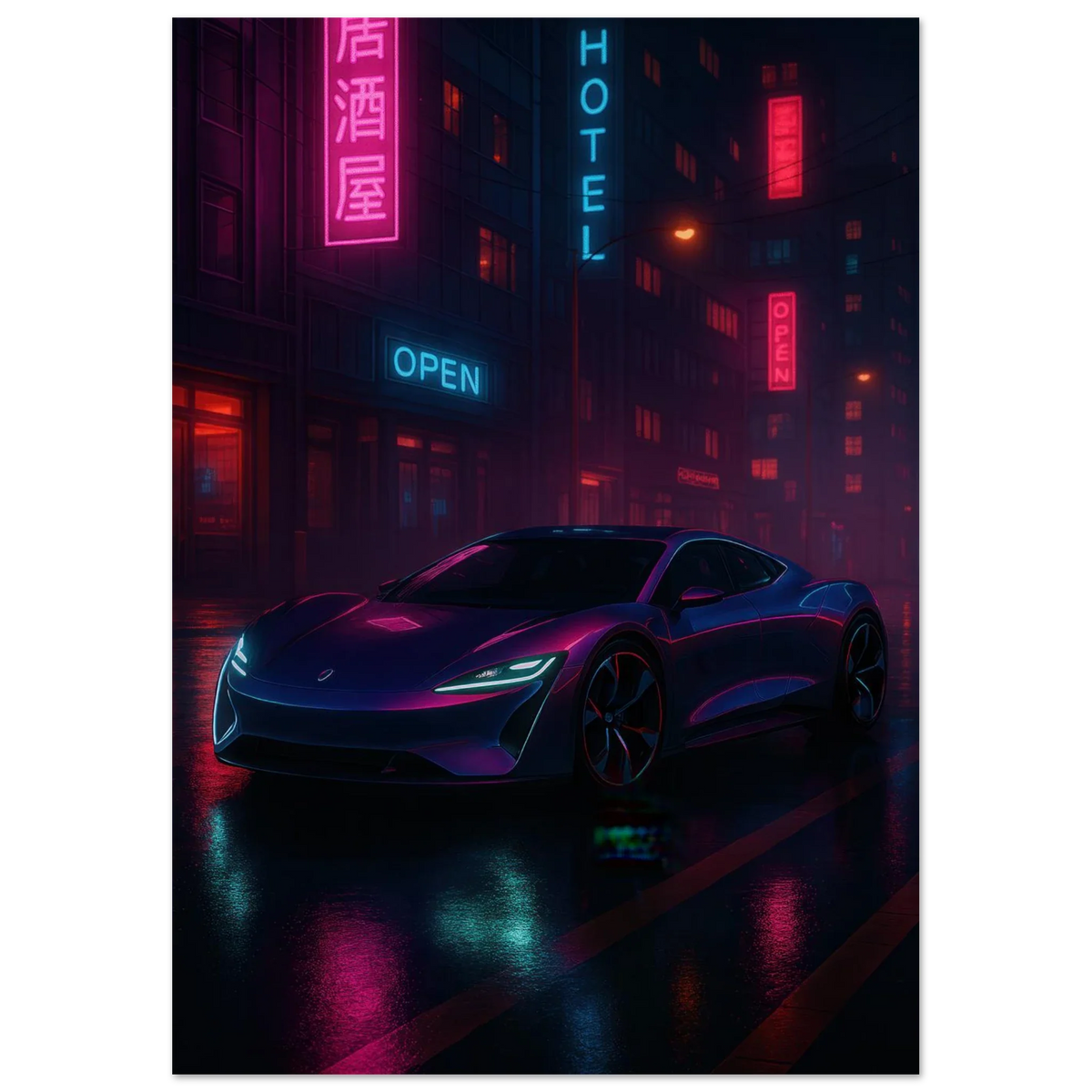 Neon Night Rider Poster: Vibrant Cyberpunk Car Art Print, Choose Your Size