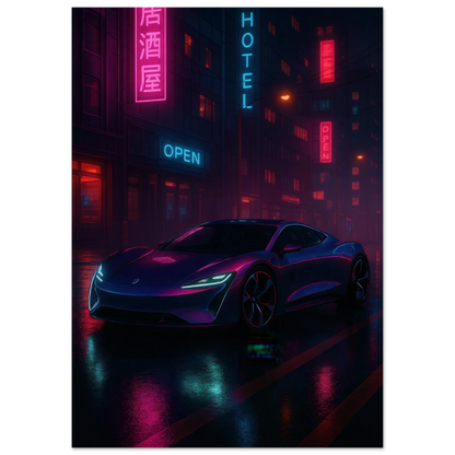 Neon Night Rider Poster: Vibrant Cyberpunk Car Art Print, Choose Your Size