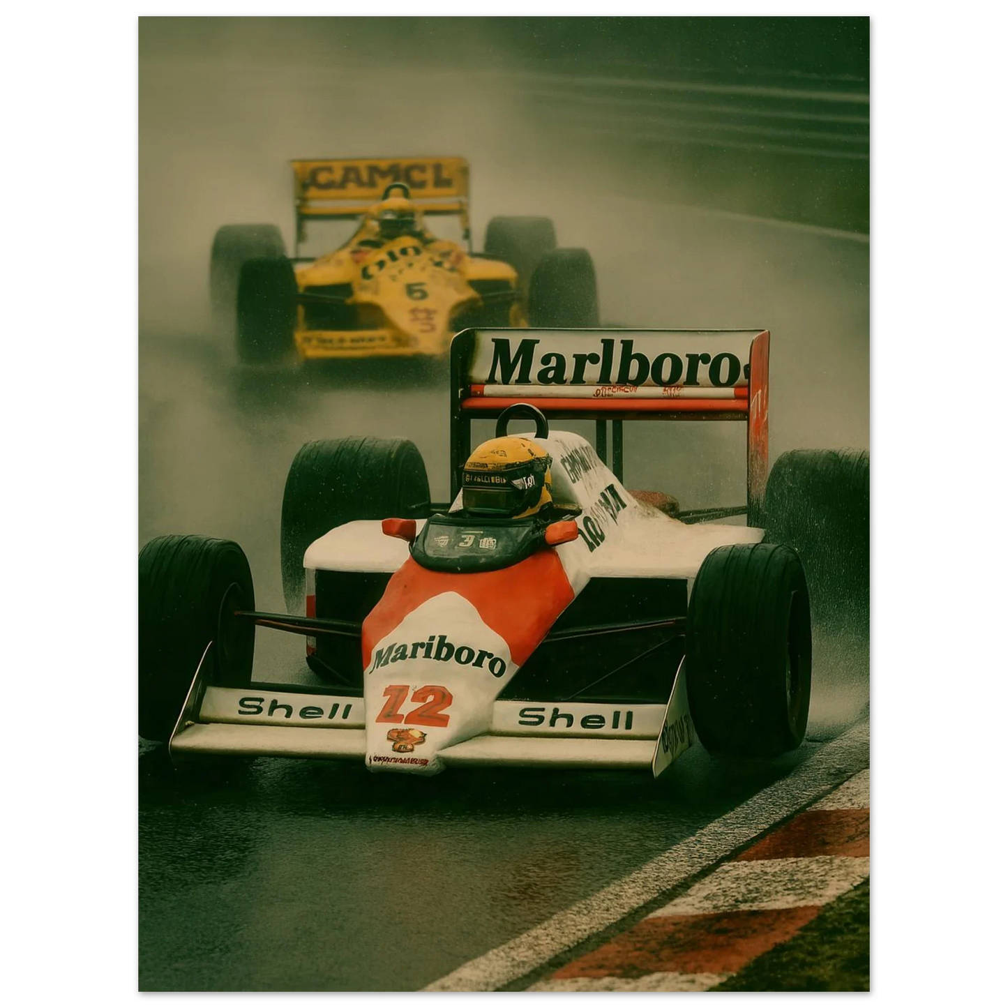 Racing Legacy: F1 Classic Poster – Dynamic Wet Race Art Print in Vibrant Detail