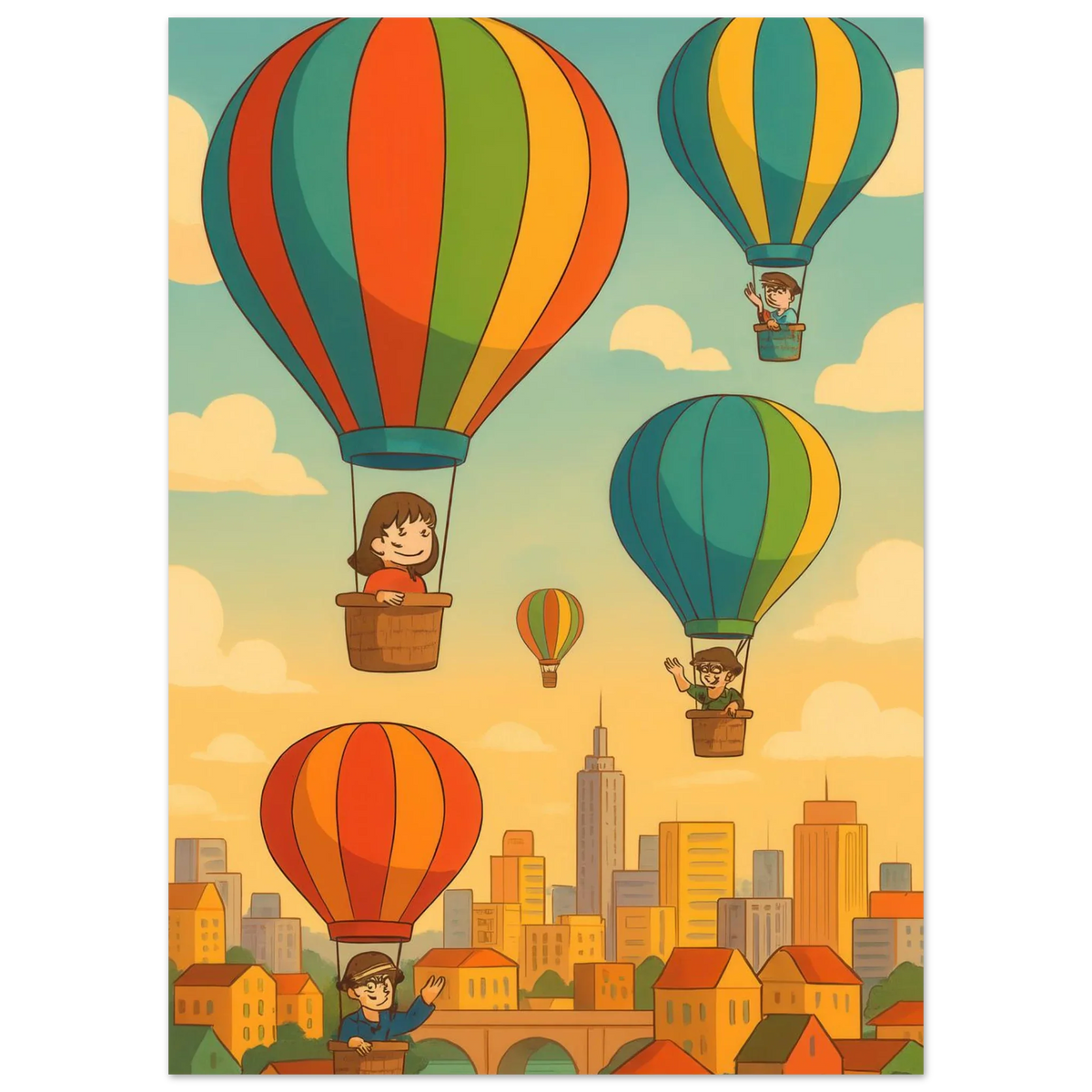 Barn: Whimsical Hot Air Balloon Cityscape Art Print – Elevate Your Space with Retro Charm