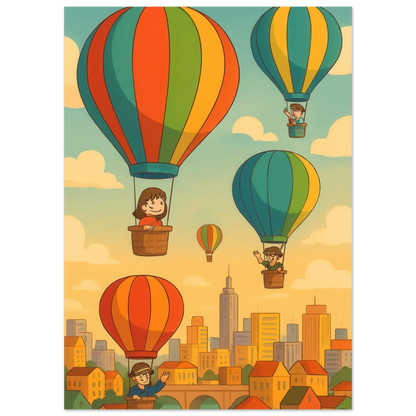 Barn: Whimsical Hot Air Balloon Cityscape Art Print – Elevate Your Space with Retro Charm