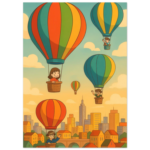 Barn: Whimsical Hot Air Balloon Cityscape Art Print – Elevate Your Space with Retro Charm