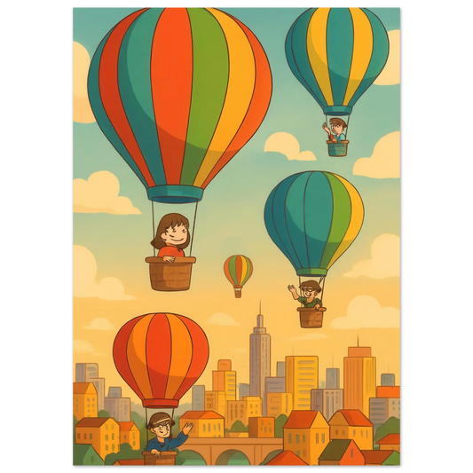 Barn: Whimsical Hot Air Balloon Cityscape Art Print – Elevate Your Space with Retro Charm