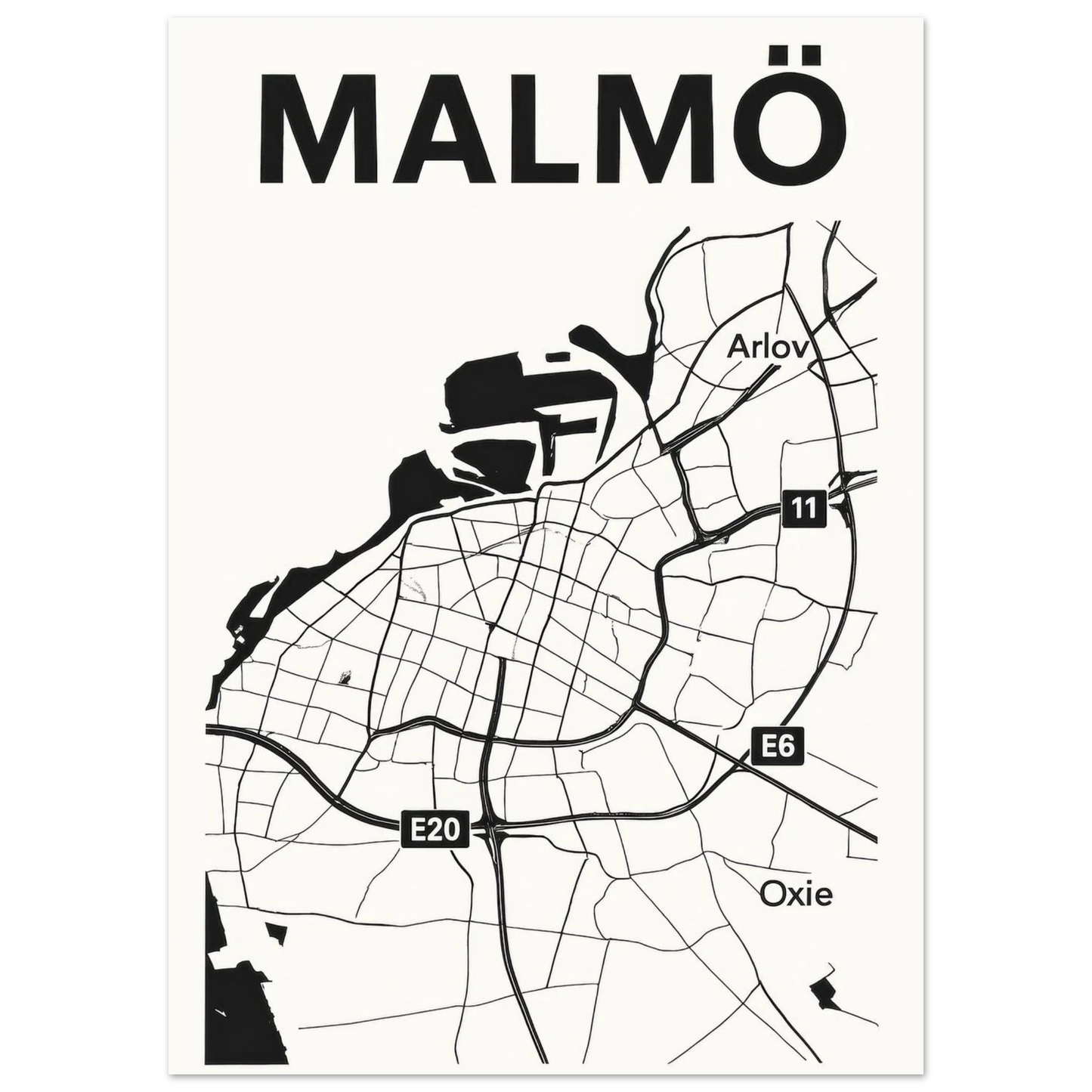 Malmö Urban Map Poster - Minimalist Black & White City Art Print