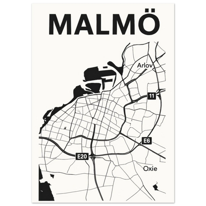 Malmö Urban Map Poster - Minimalist Black & White City Art Print