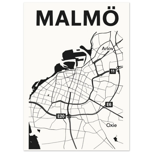 Malmö Urban Map Poster - Minimalist Black & White City Art Print
