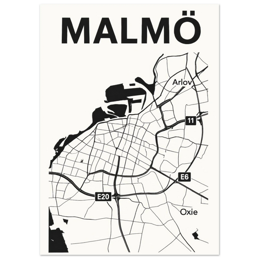 Malmö Urban Map Poster - Minimalist Black & White City Art Print