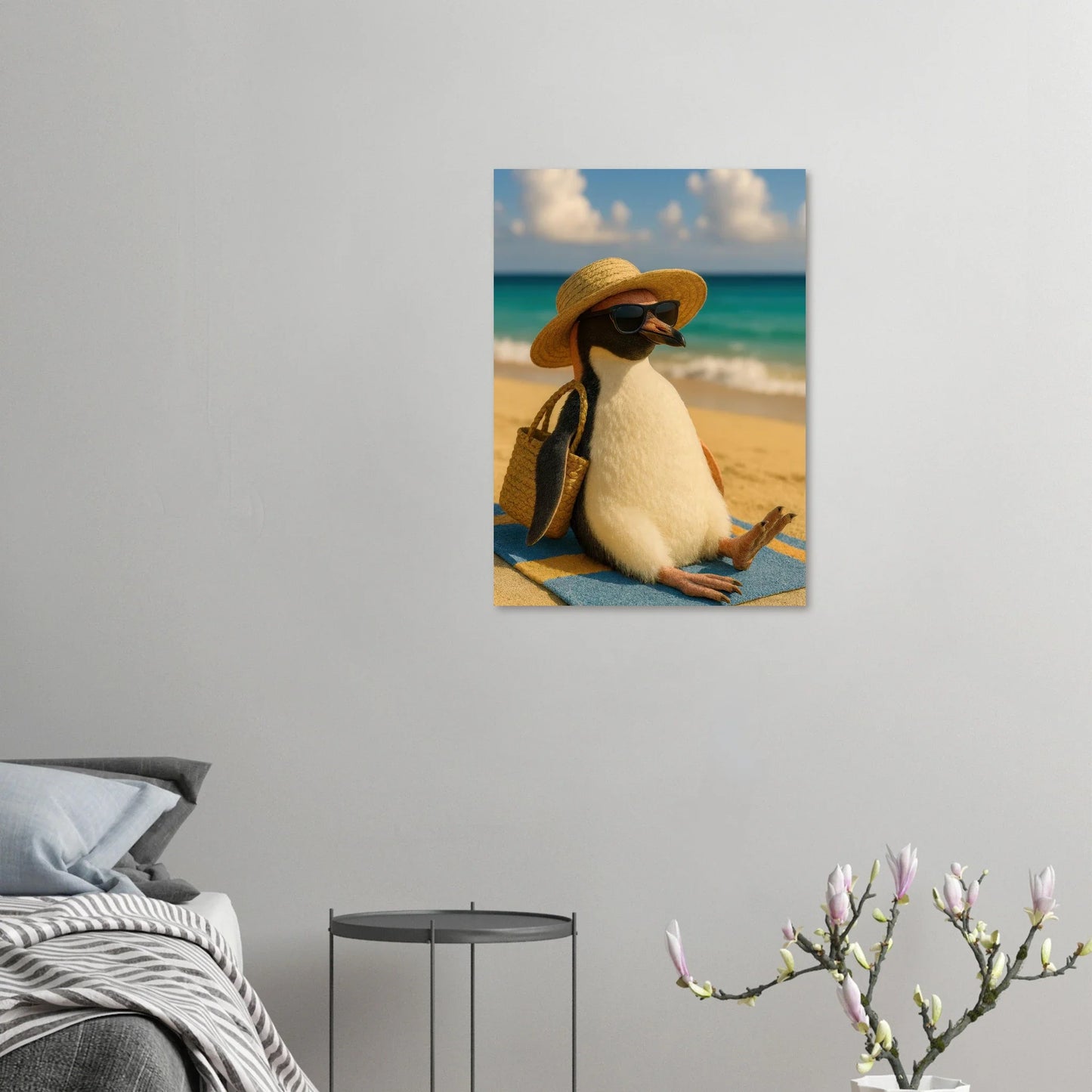 Djur: "Beach Bum Penguin" – Avkopplande Konsttryck för En Touch av Sommarglädje