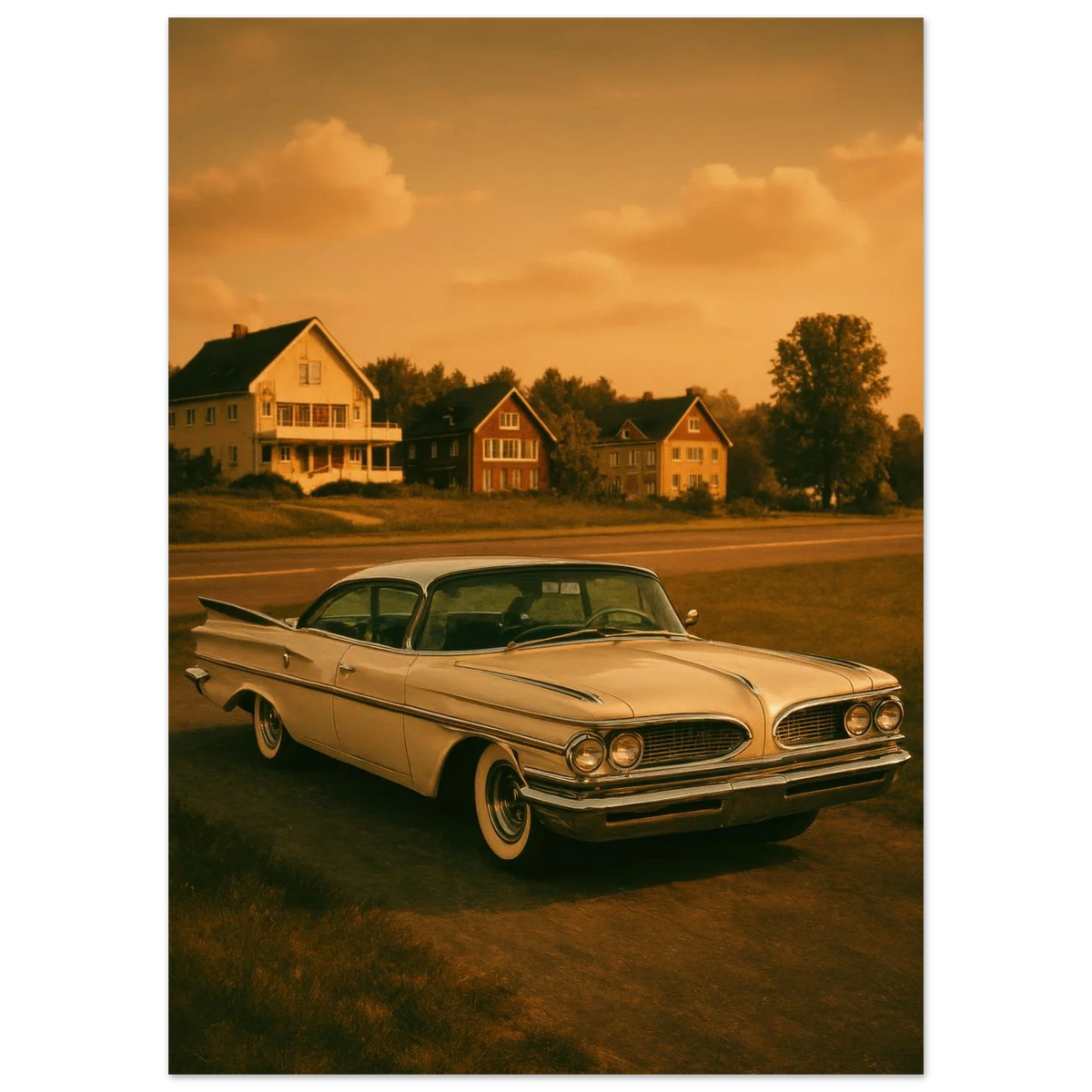 Retro Sunset Drive Poster - Vintage Car Art Print in Warm Sepia Tones, Available in 29 Sizes