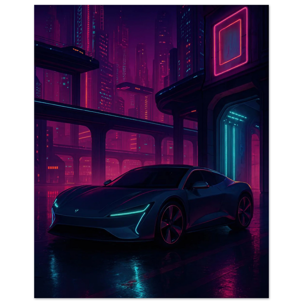 Neon Night Drive: Futuristic Cyberpunk Car Art Print – Bilar Collection