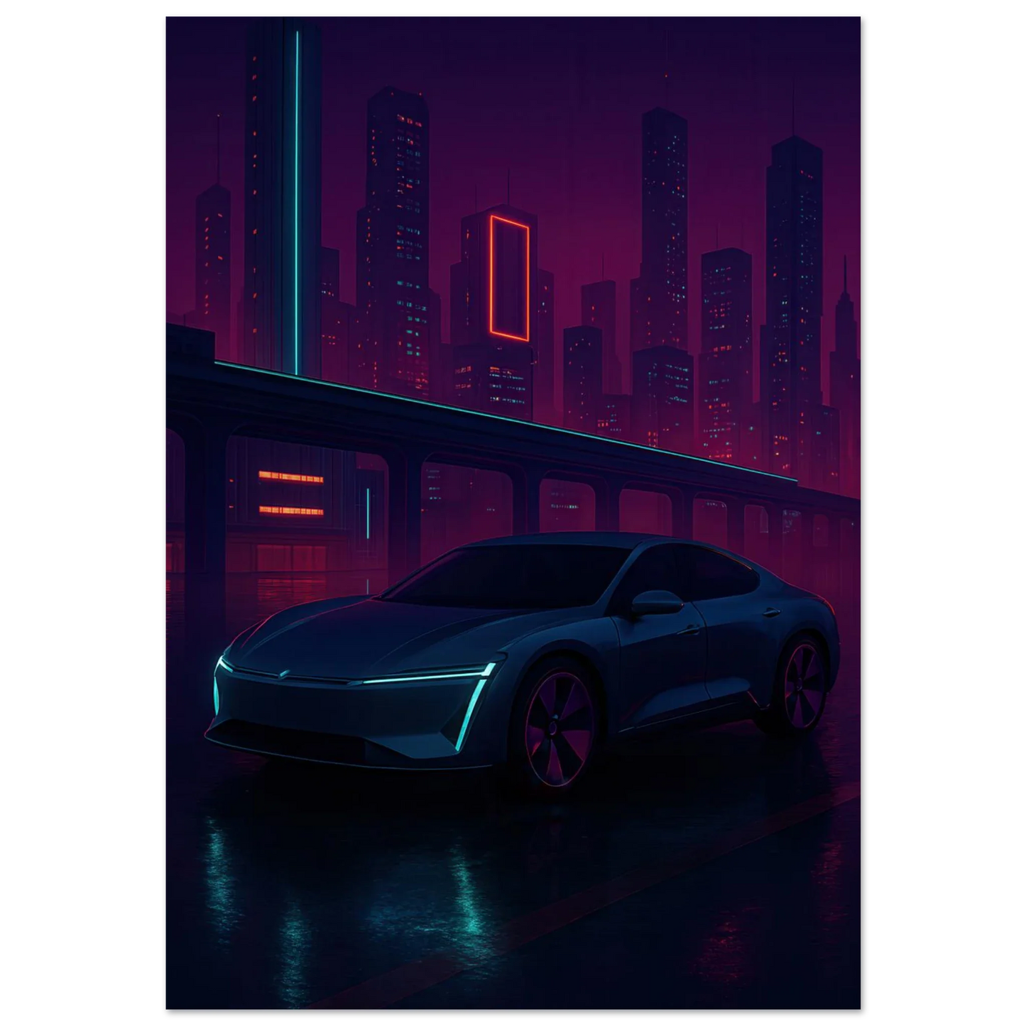 Neon Night Rider: Futuristisk Bilkonsttryck i cyberpunkstil
