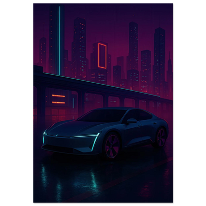 Neon Night Rider: Futuristisk Bilkonsttryck i cyberpunkstil