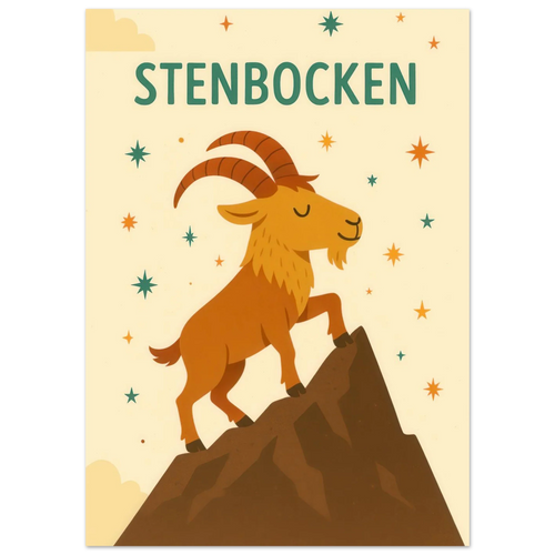 Stenbocken Zodiac Konsttryck: Charmigt Berggetmotiv på Premium Halvblankt Papper