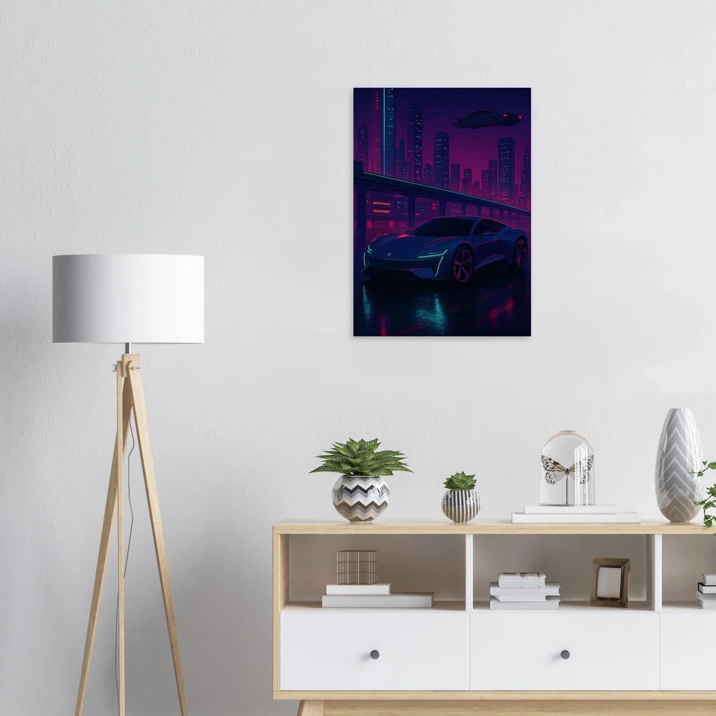 Futuristic Cyberpunk Stad Night Drive Konsttryck – Neonbelyst Bil Affisch i Valfri Storlek