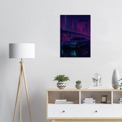 Futuristic Cyberpunk Stad Night Drive Konsttryck – Neonbelyst Bil Affisch i Valfri Storlek