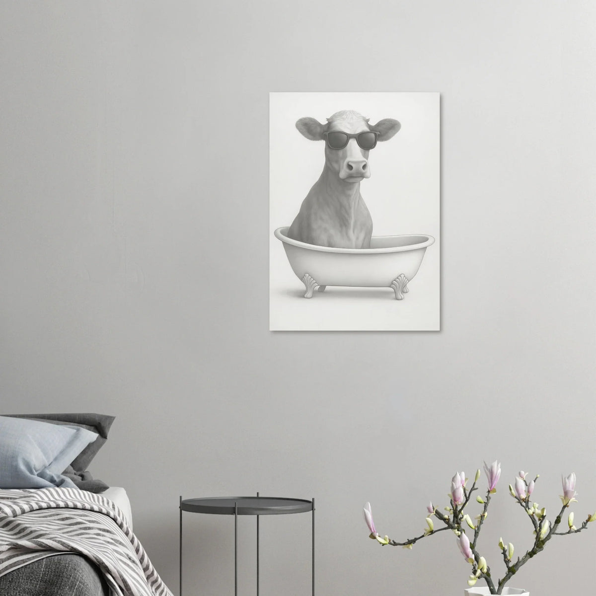 Cool Cow in Bathtub Art Print - Unique Pencil Drawing Poster